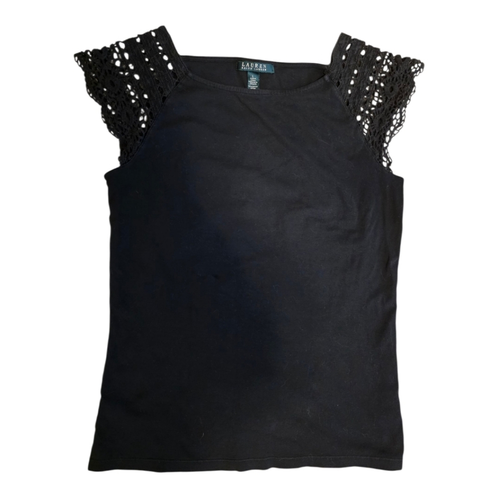 LAUREN RALPH LAUREN Black‎ Crochet Sleeve Top - Size Large
